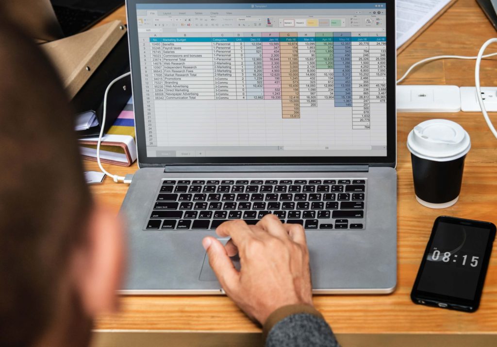 Image of person using a laptop while working on a excel datasheet