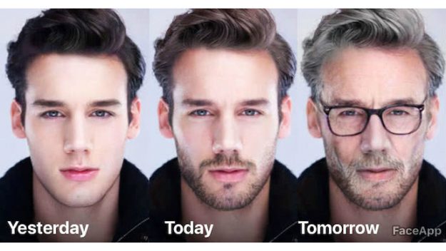 Face app showing three stages of a male face