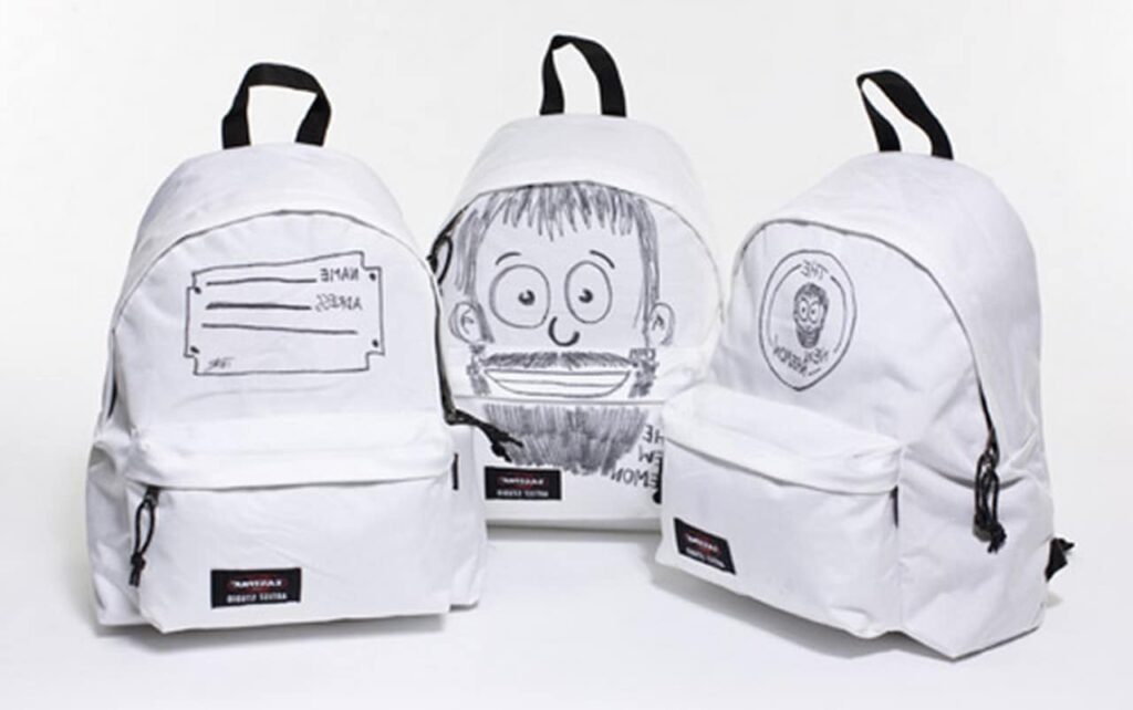 Different designs on a backpack made by eastpak art studio