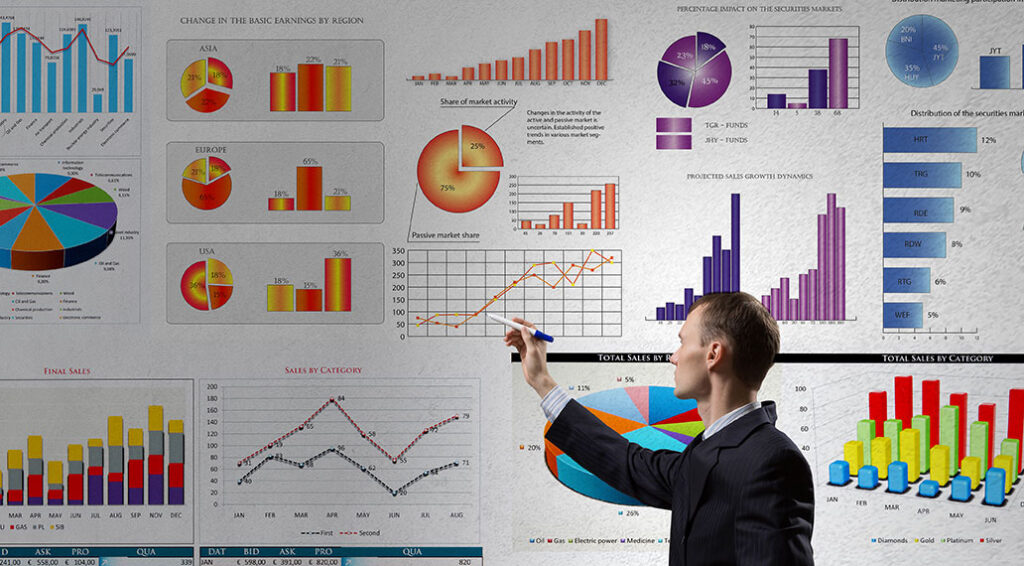 Man overlooking different forms of data visualizations