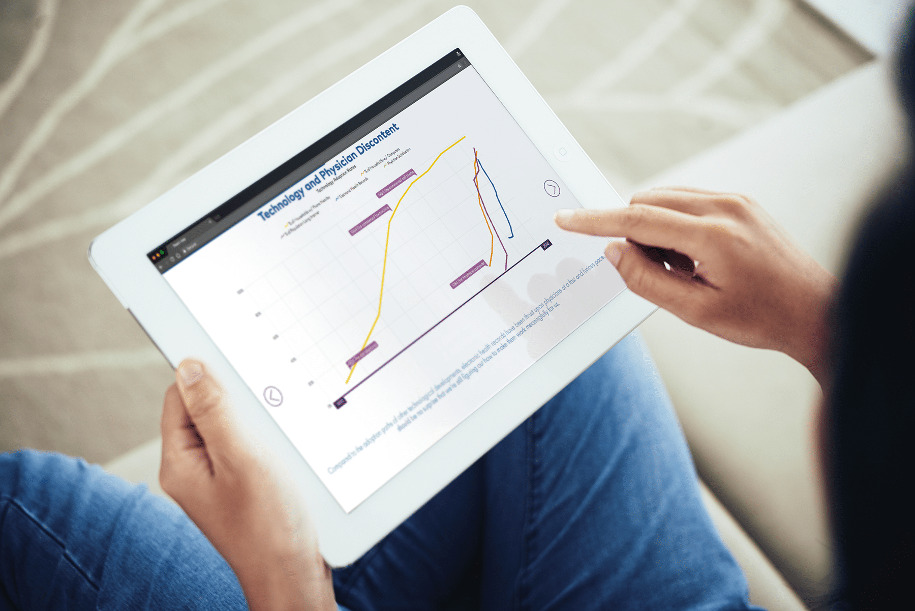 iPad with a woman navigating the Athena Health Medical Practice App. The screen reads, "Technology and Physician Discontent"