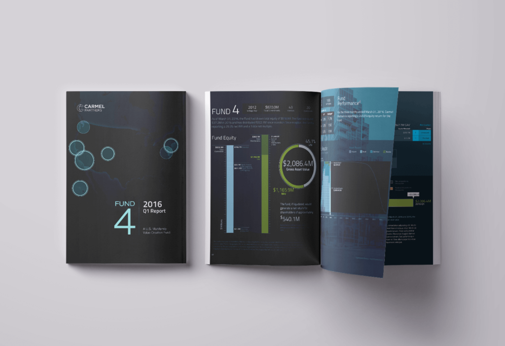 annual report pamphlet brochure print design showing data visualizations for investors